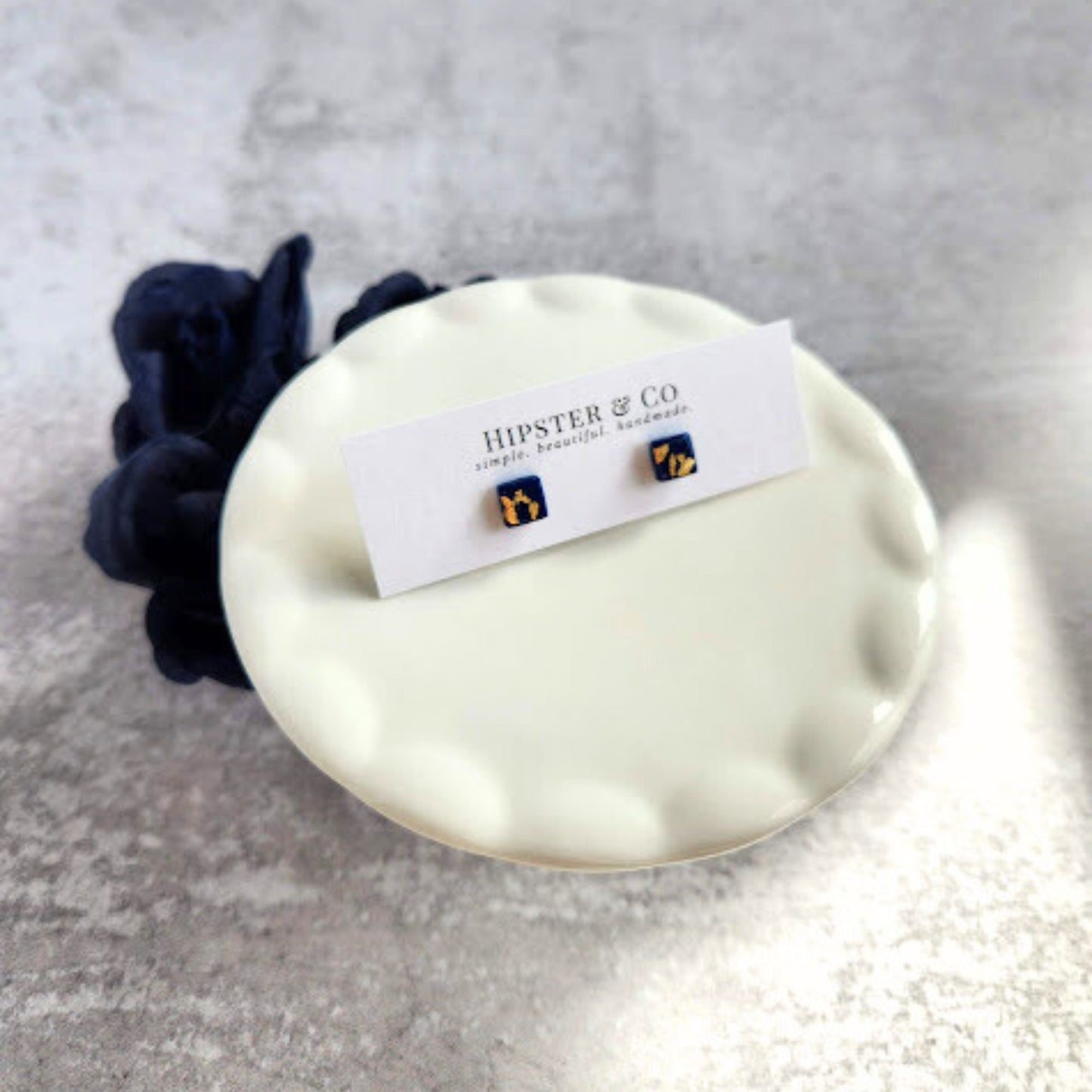 Navy and Gold Square Stud Earrings