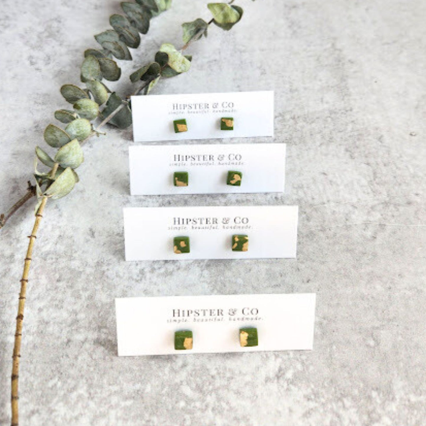 Olive Green and Gold Square Stud Earrings