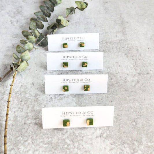 Olive Green and Gold Square Stud Earrings