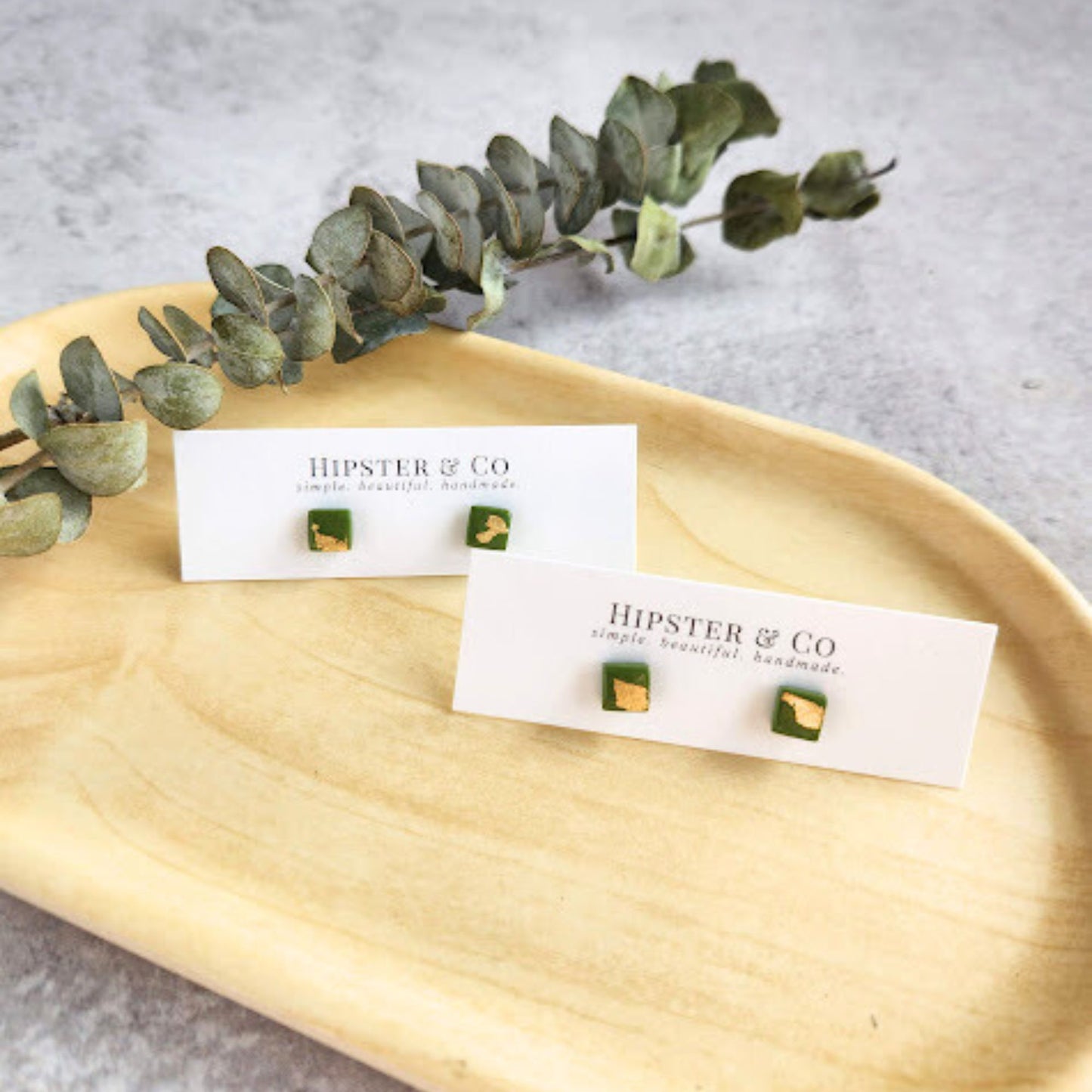 Olive Green and Gold Square Stud Earrings