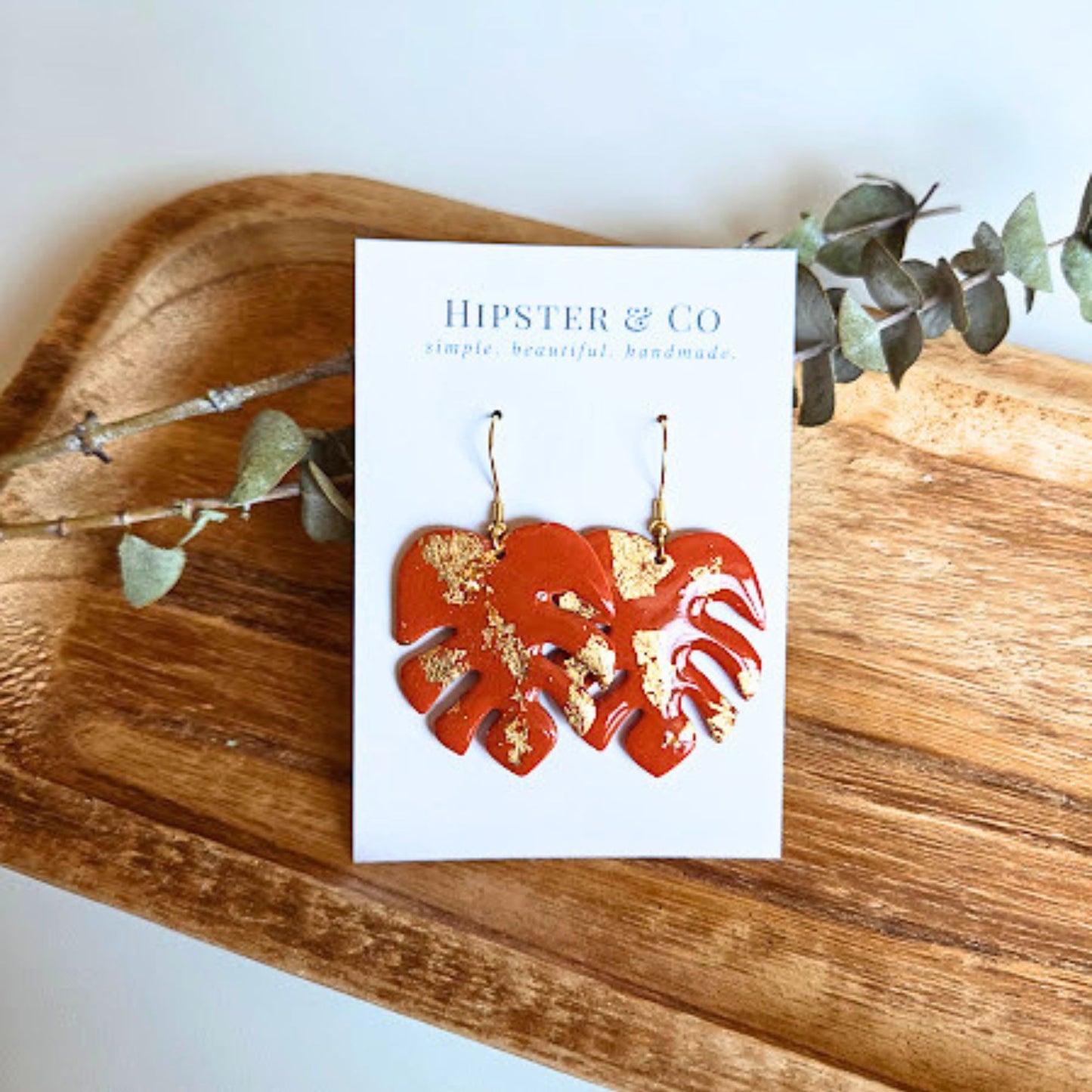 Orange and Gold Monstera Leaf Earrings