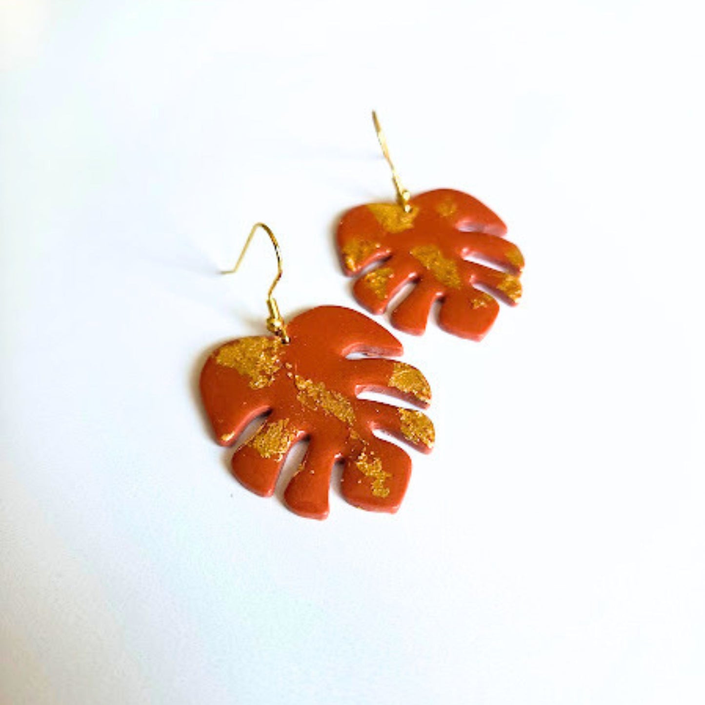 Orange and Gold Monstera Leaf Earrings