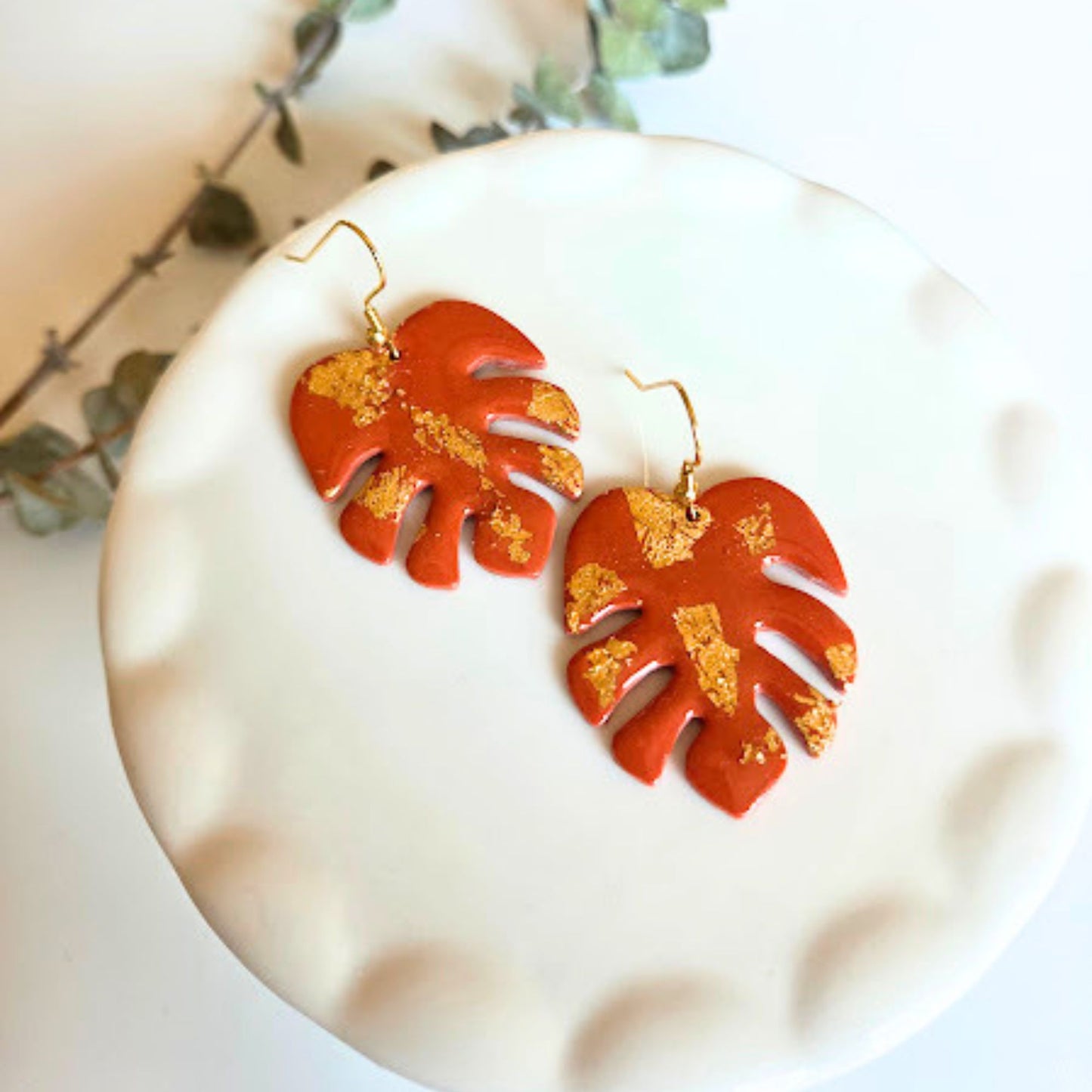Orange and Gold Monstera Leaf Earrings