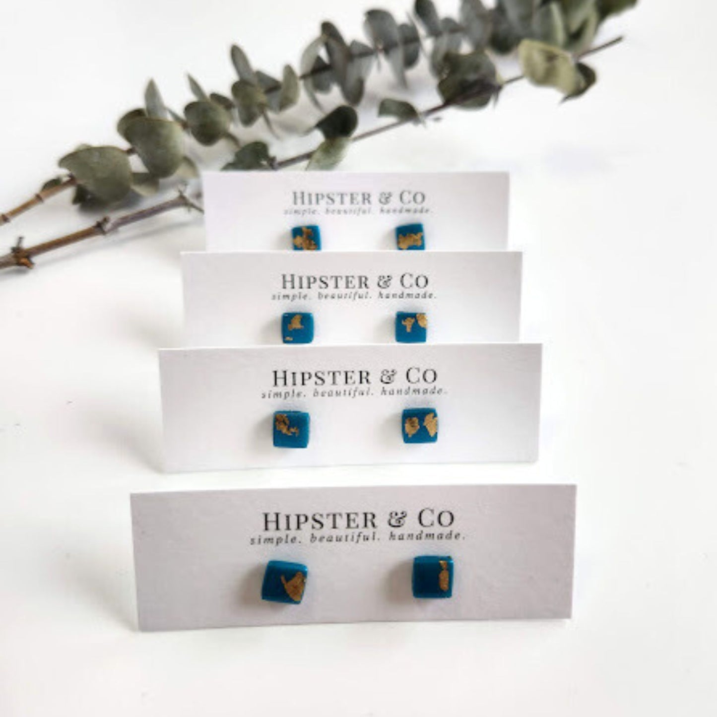 Peacock Blue and Gold Square Stud Earrings