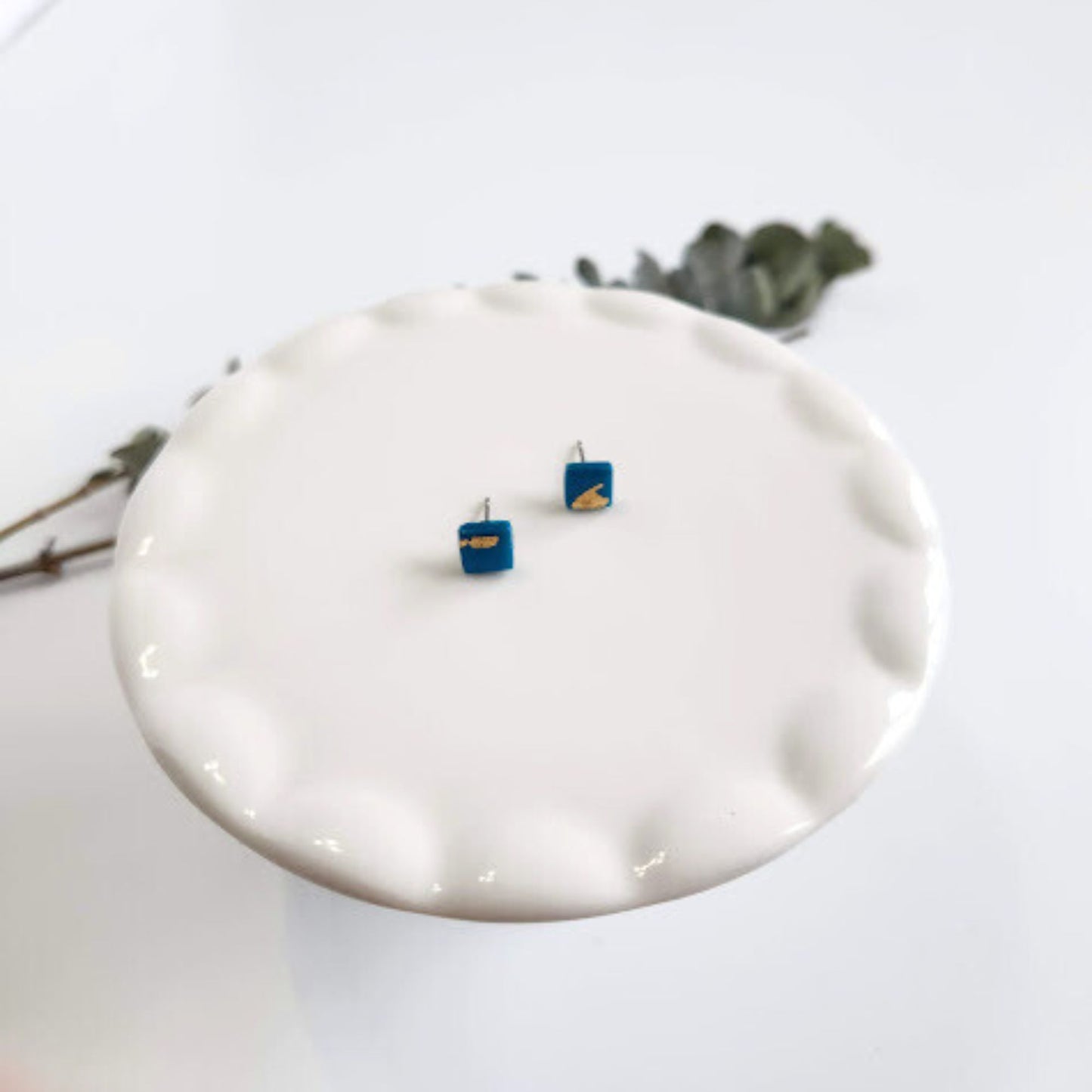 Peacock Blue and Gold Square Stud Earrings