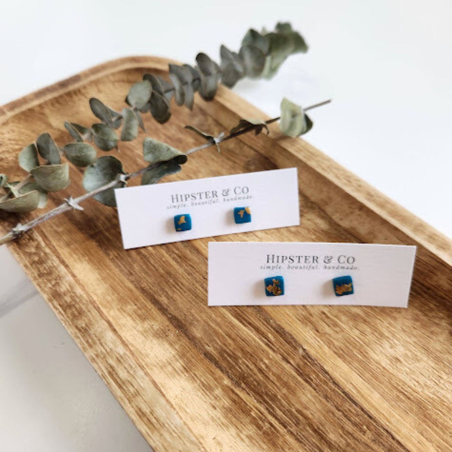 Peacock Blue and Gold Square Stud Earrings