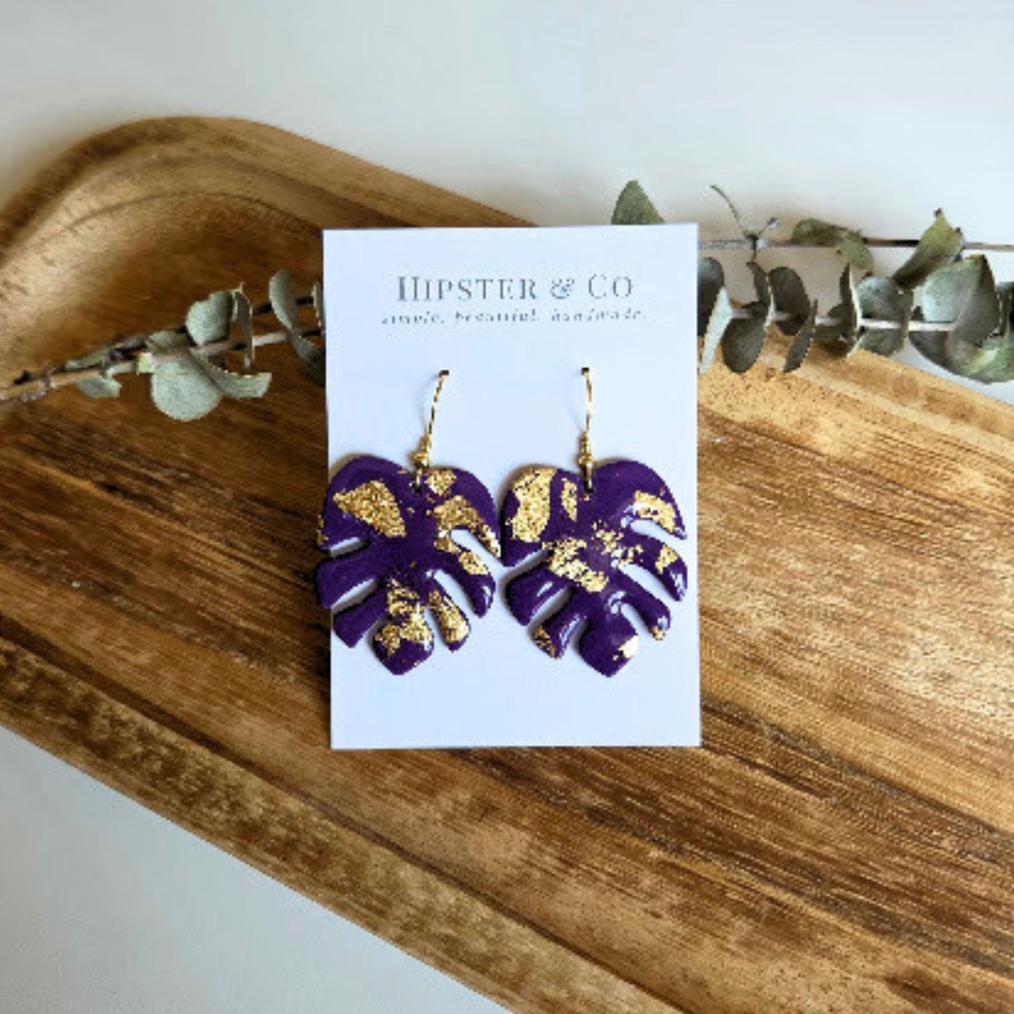 Purple and Gold Monstera Leaf Earrings