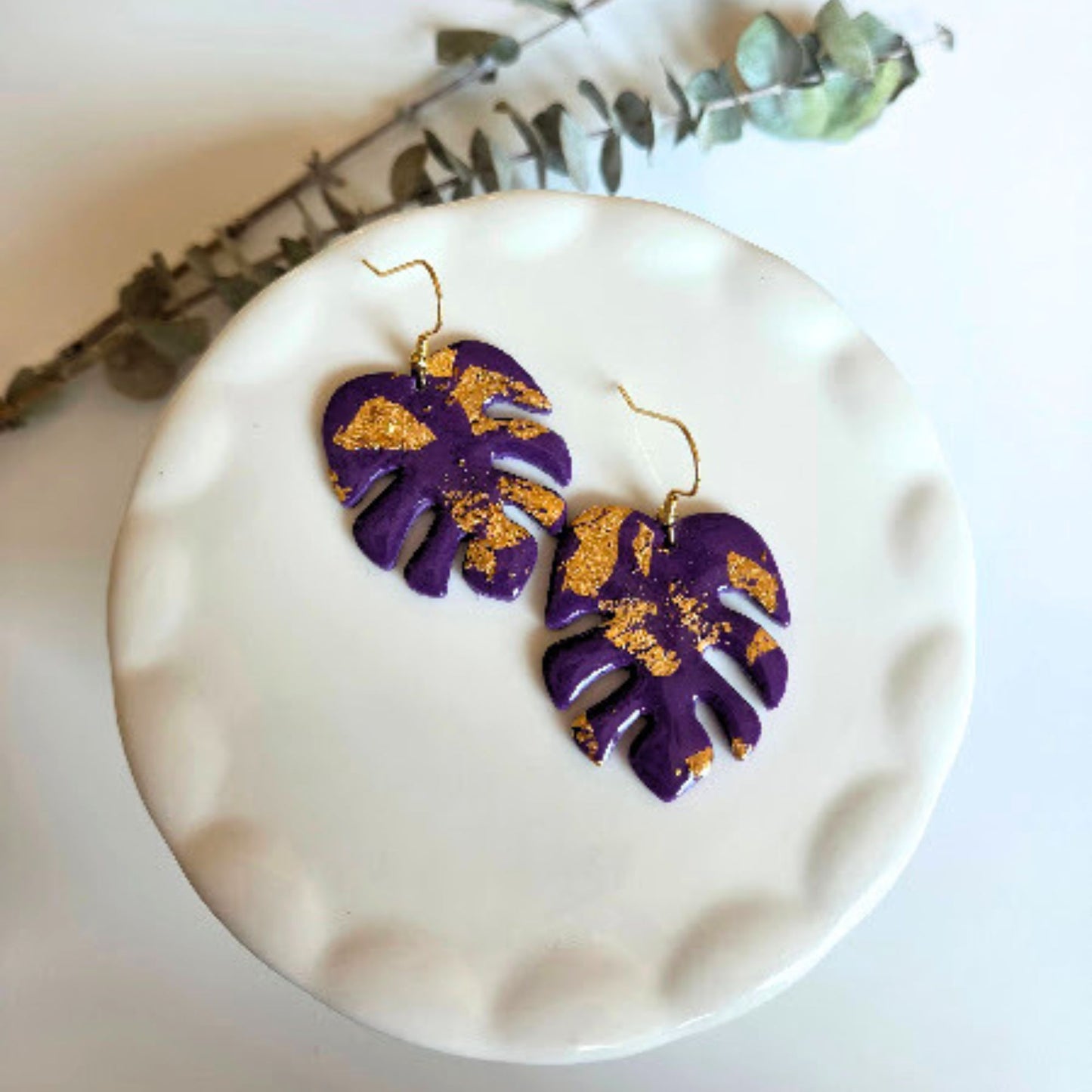 Purple and Gold Monstera Leaf Earrings