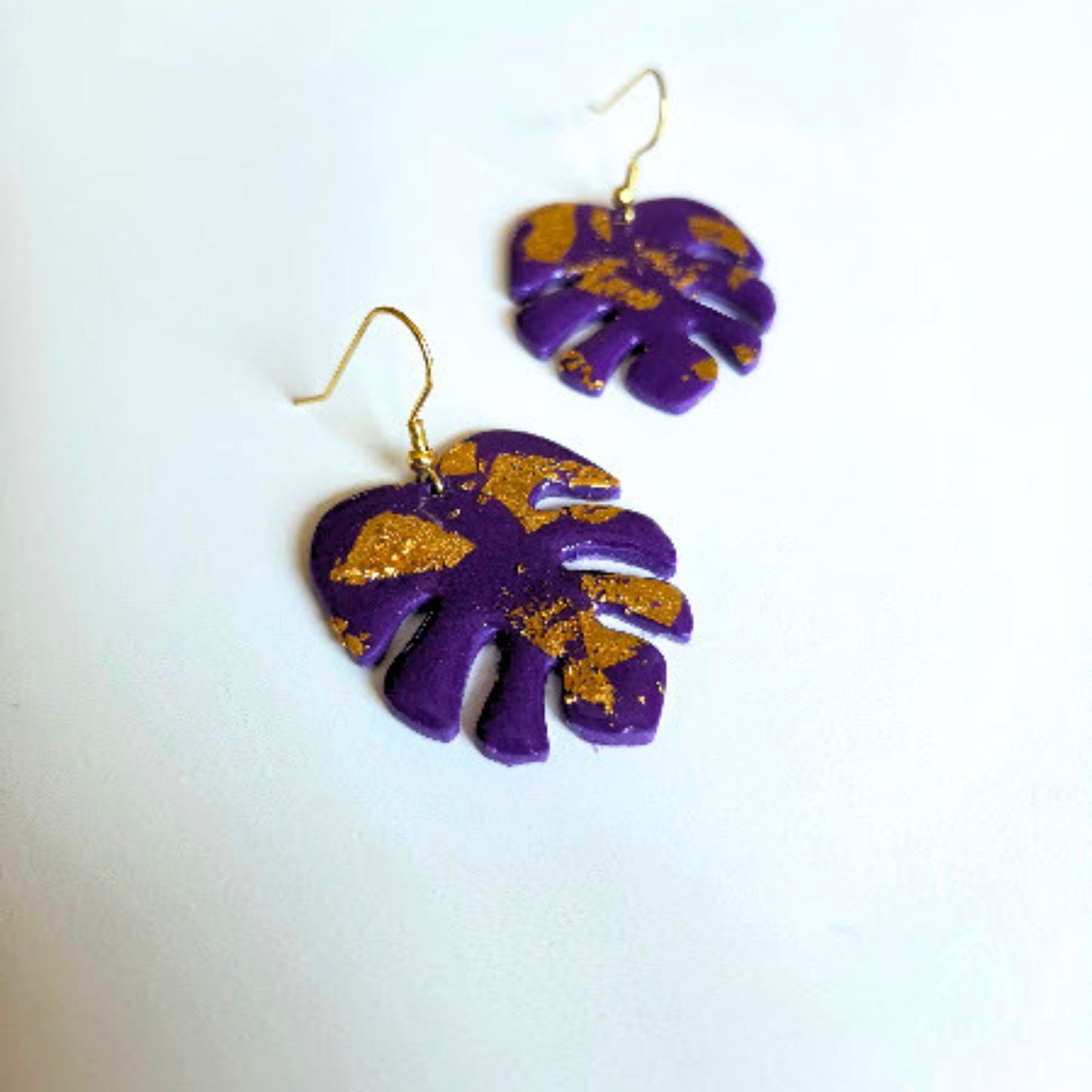 Purple and Gold Monstera Leaf Earrings