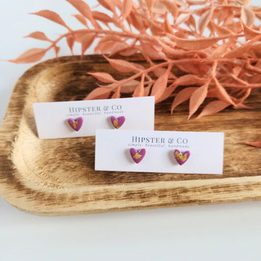 Purple and Gold Heart Stud Earrings