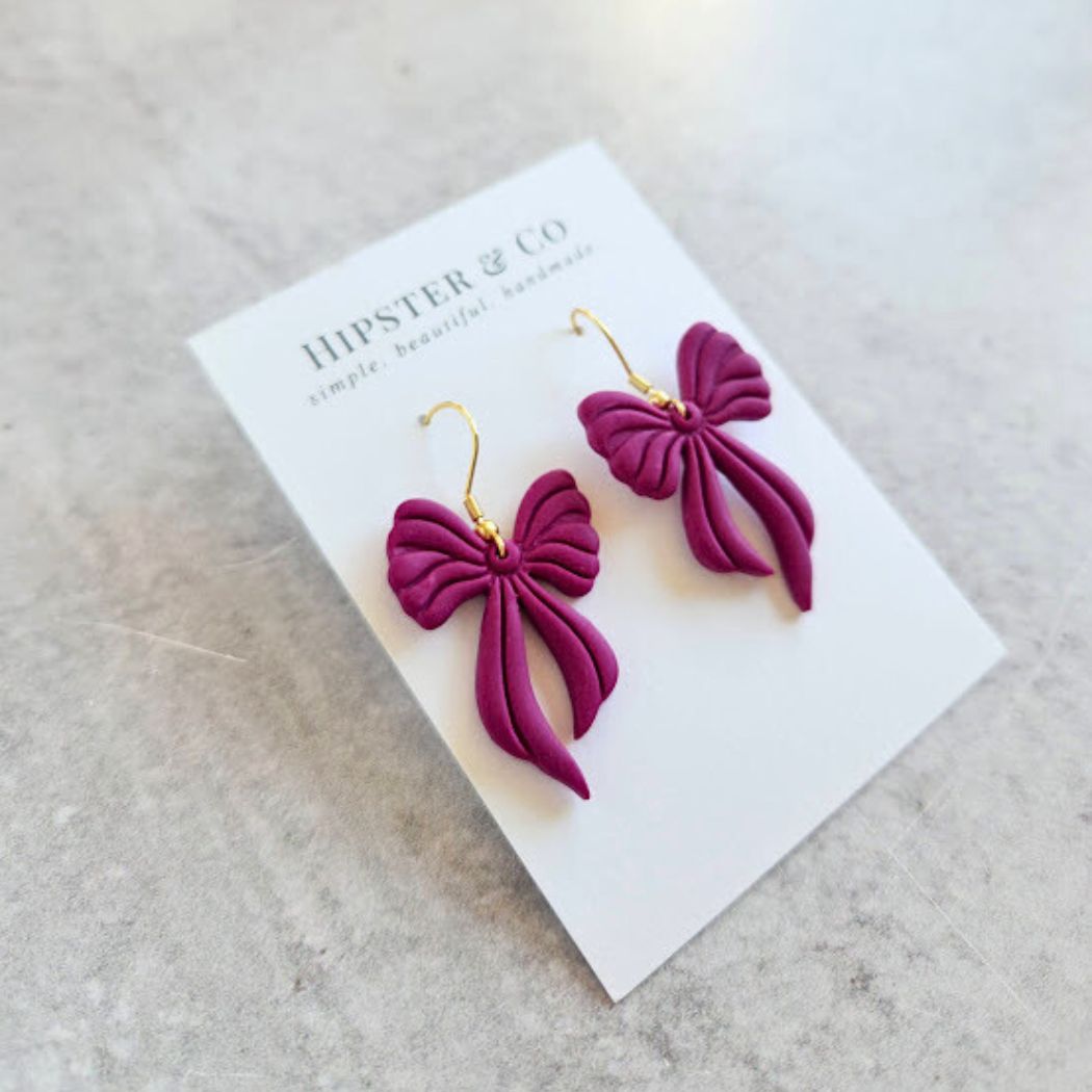 Fuchsia Bow Polymer Clay Dangle Earrings