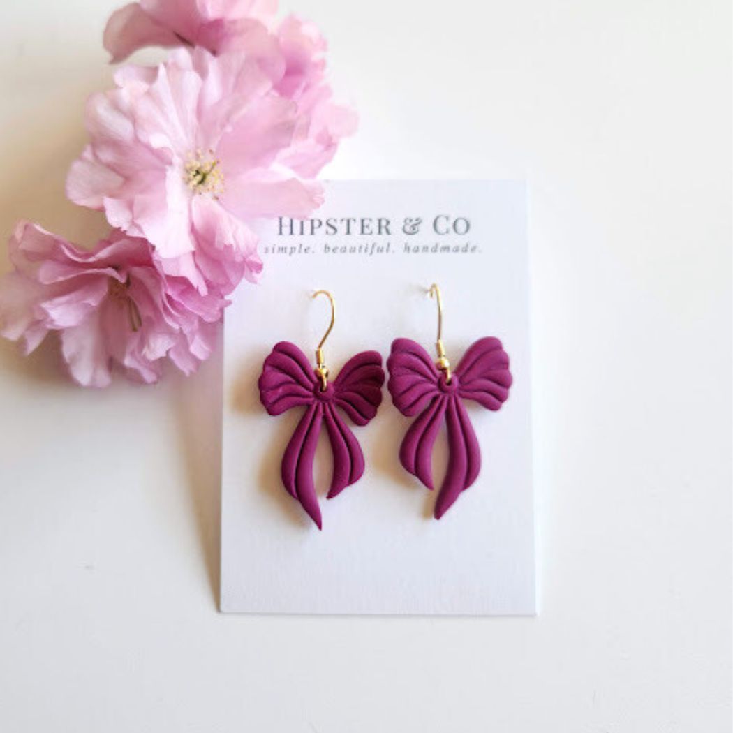 Fuchsia Bow Polymer Clay Dangle Earrings