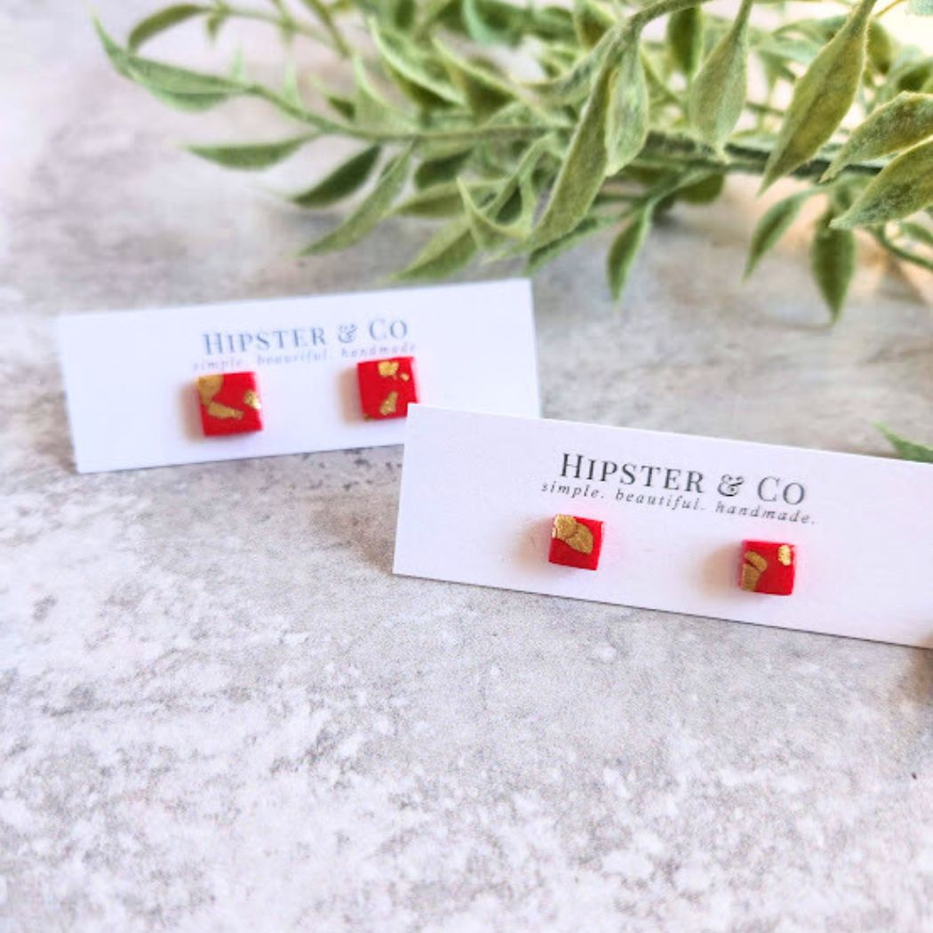 Raspberry and Gold Square Stud Earrings