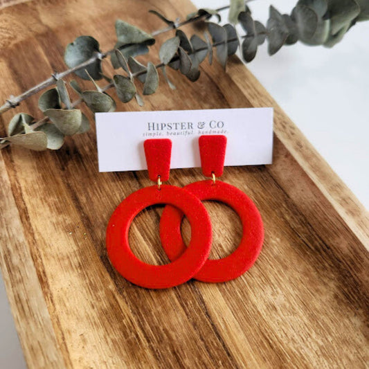 Red Geometric Clip-on Polymer Clay Dangle Earrings