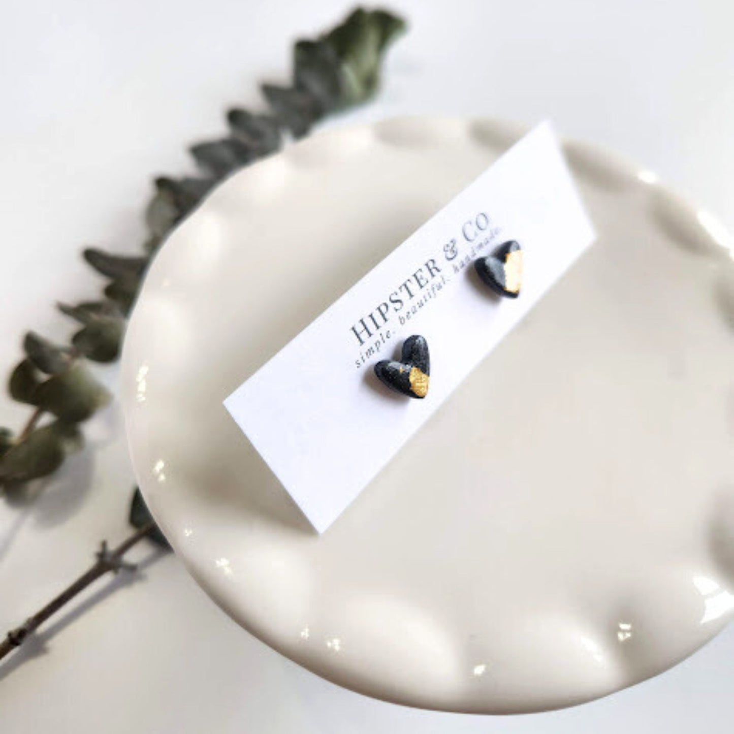 Slate Grey and Gold Heart Stud Earrings