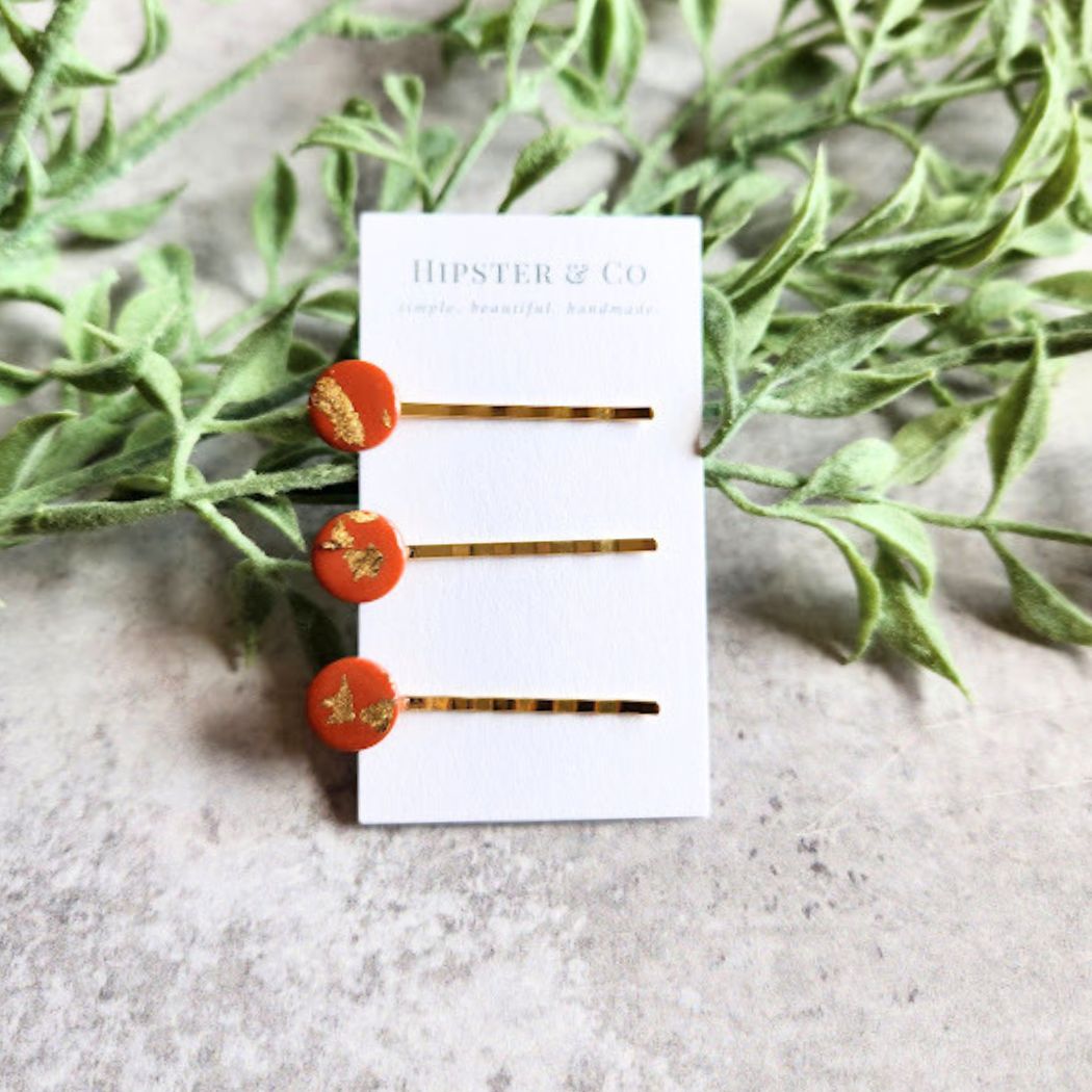 Terracotta and Gold Handmade Hair Pin Set