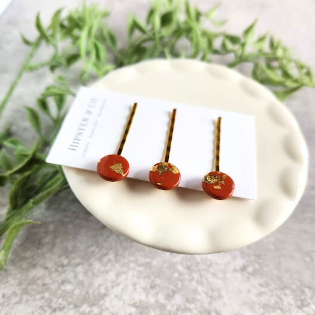 Terracotta and Gold Handmade Hair Pin Set