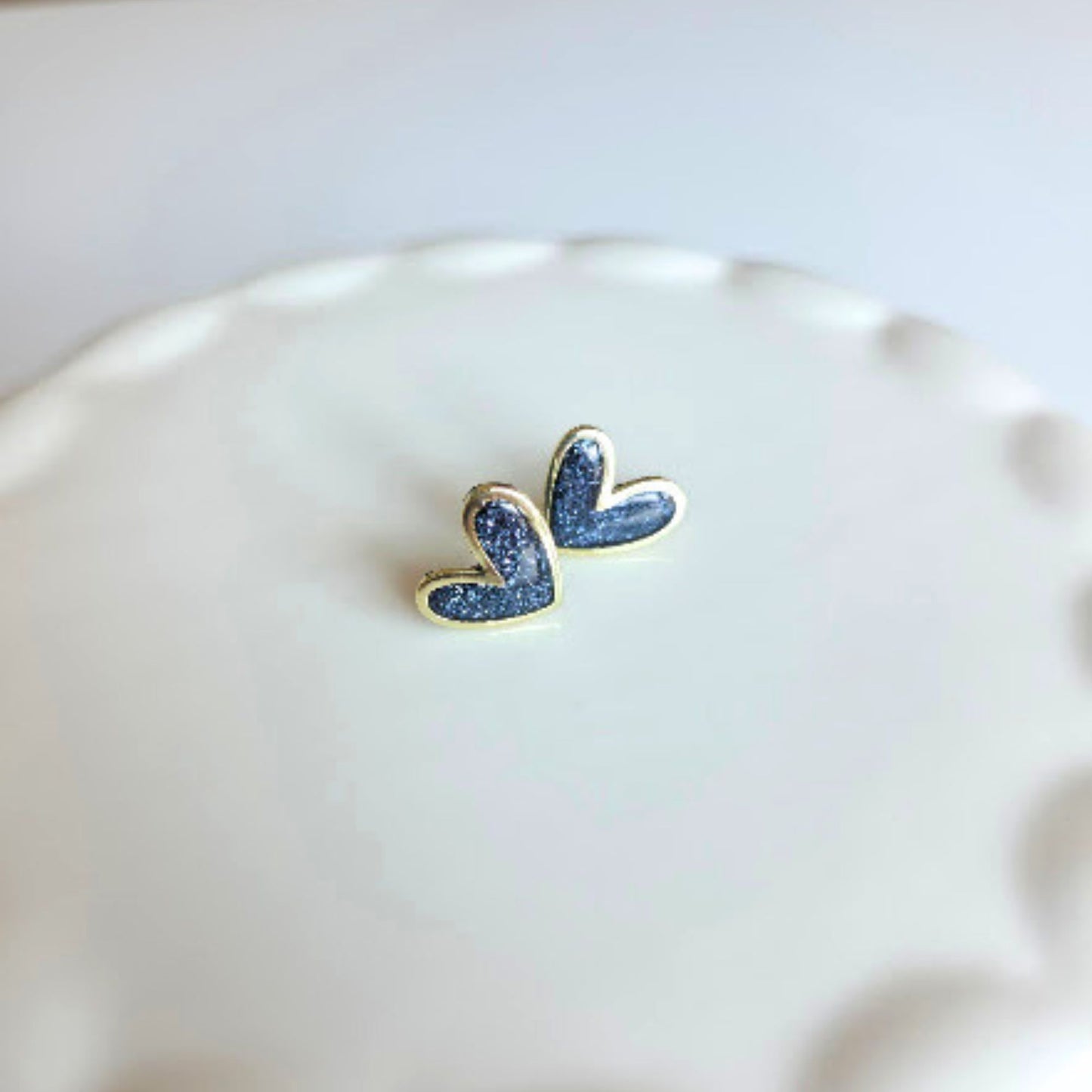 Black Holographic Glitter Polymer Clay and Brass Heart Stud Earrings