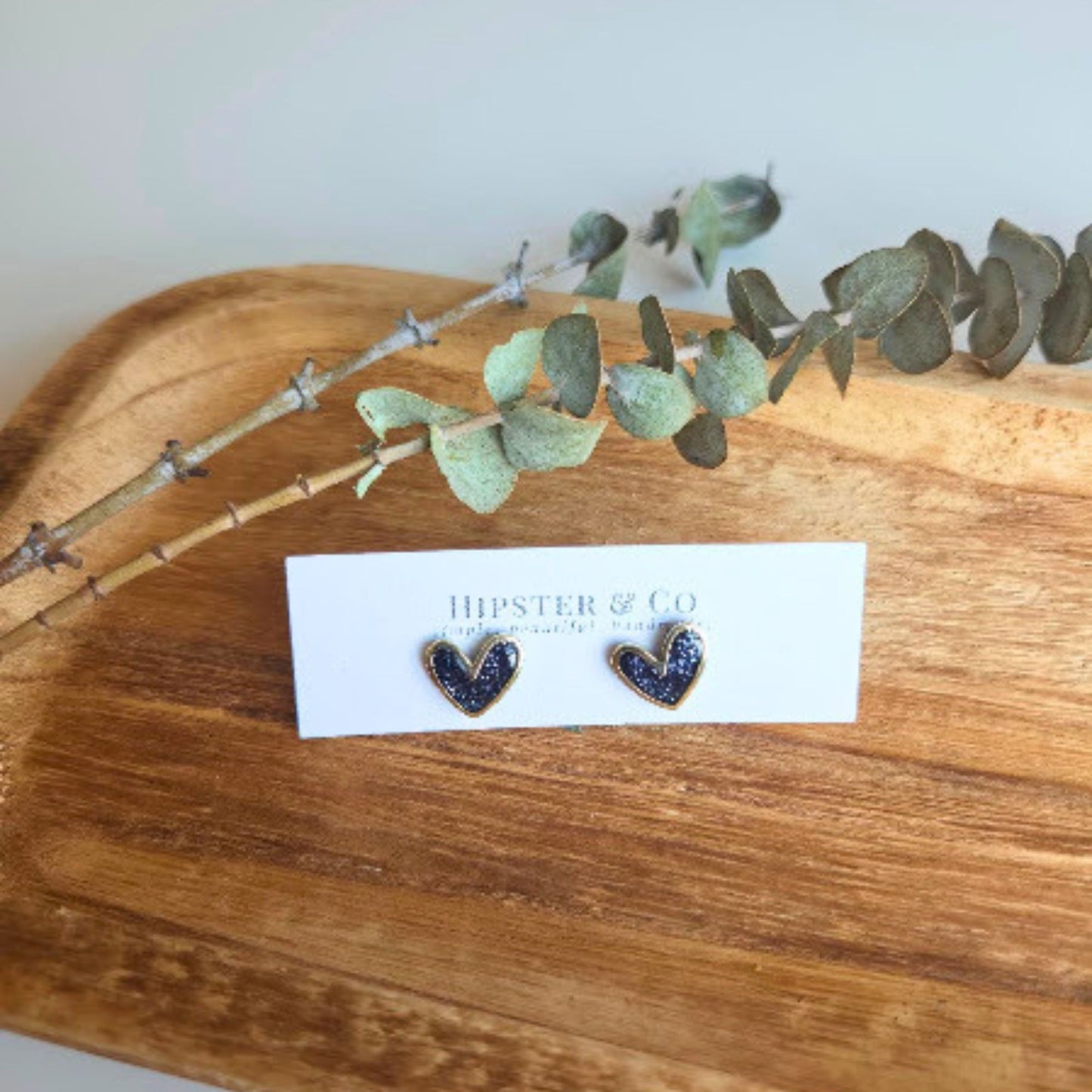 Black Holographic Glitter Polymer Clay and Brass Heart Stud Earrings