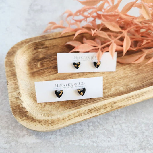 Black and Gold Heart Stud Earrings