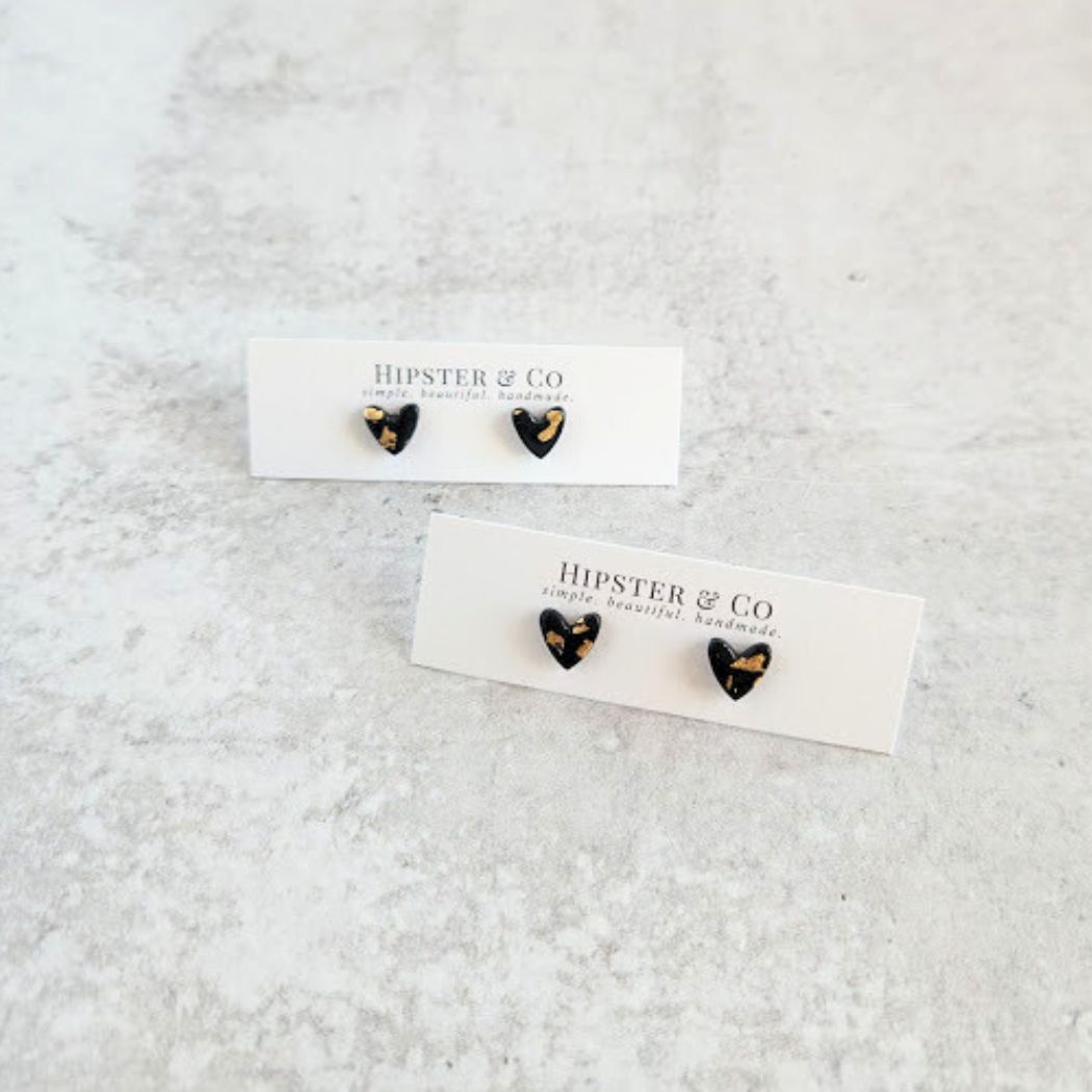 Black and Gold Heart Stud Earrings