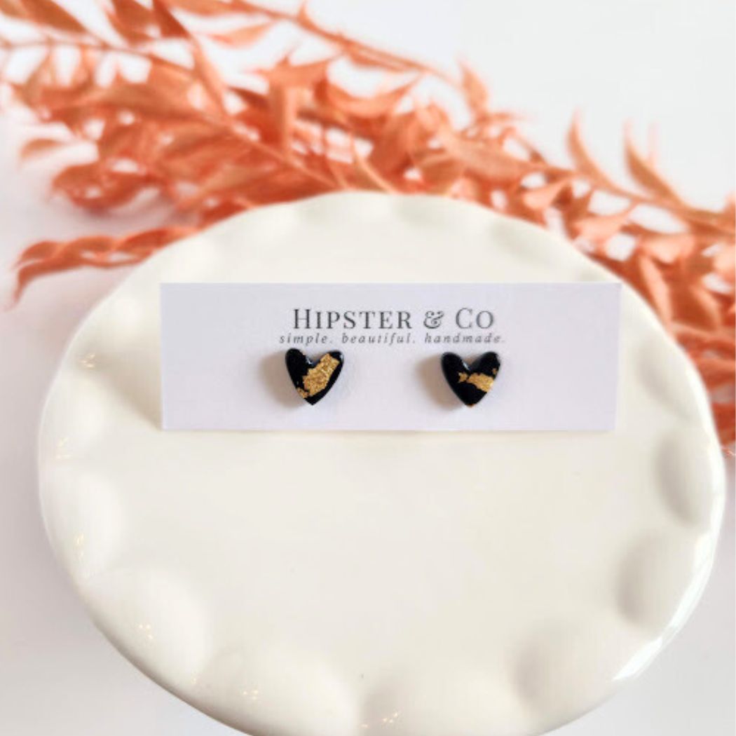 Black and Gold Heart Stud Earrings