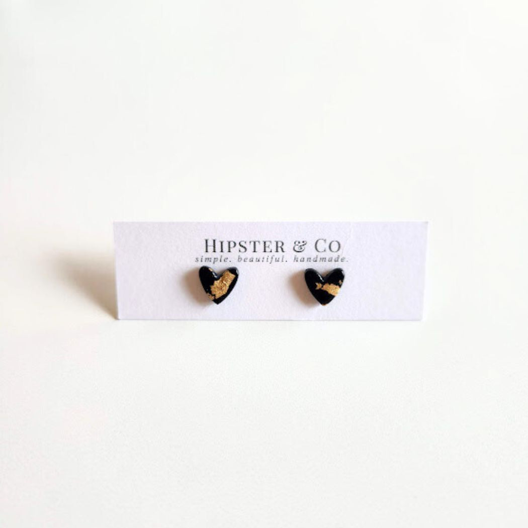 Black and Gold Heart Stud Earrings