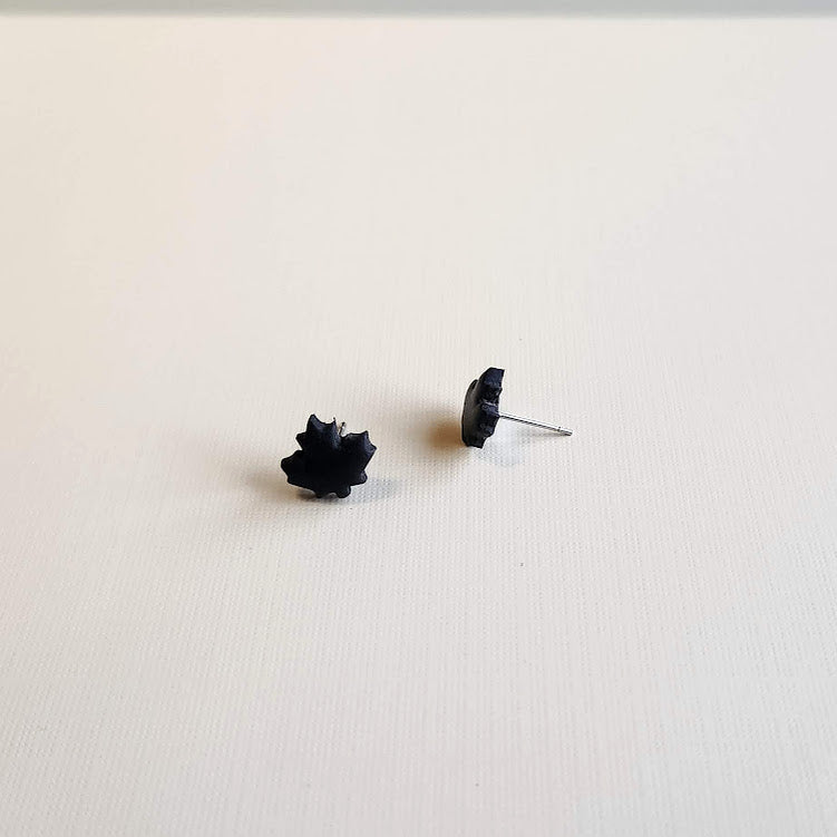 Black Autumn Leaf Polymer Clay Stud Earrings