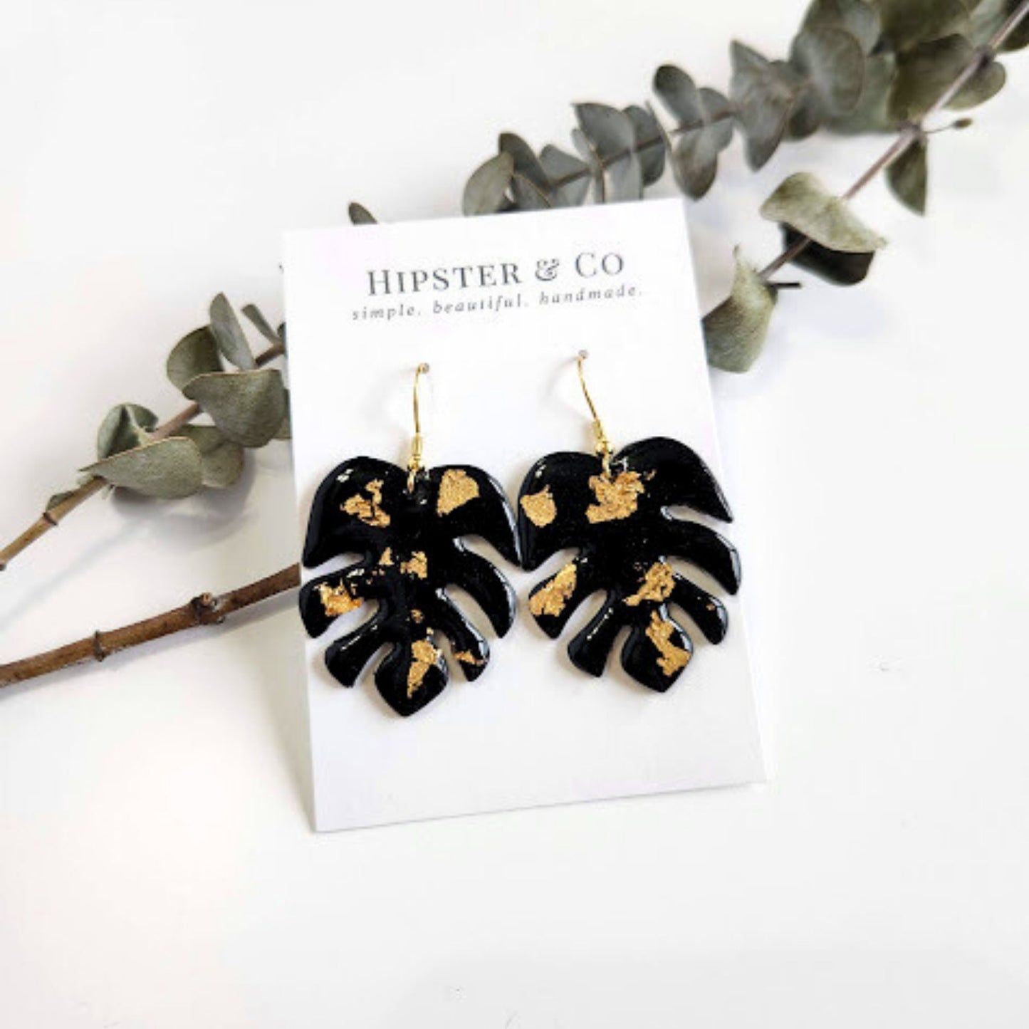 Black and Gold Monstera Leaf Earrings
