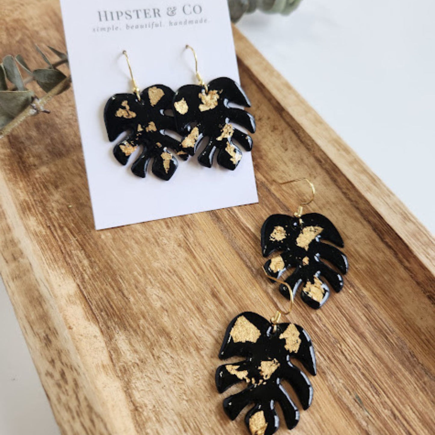 Black and Gold Monstera Leaf Earrings