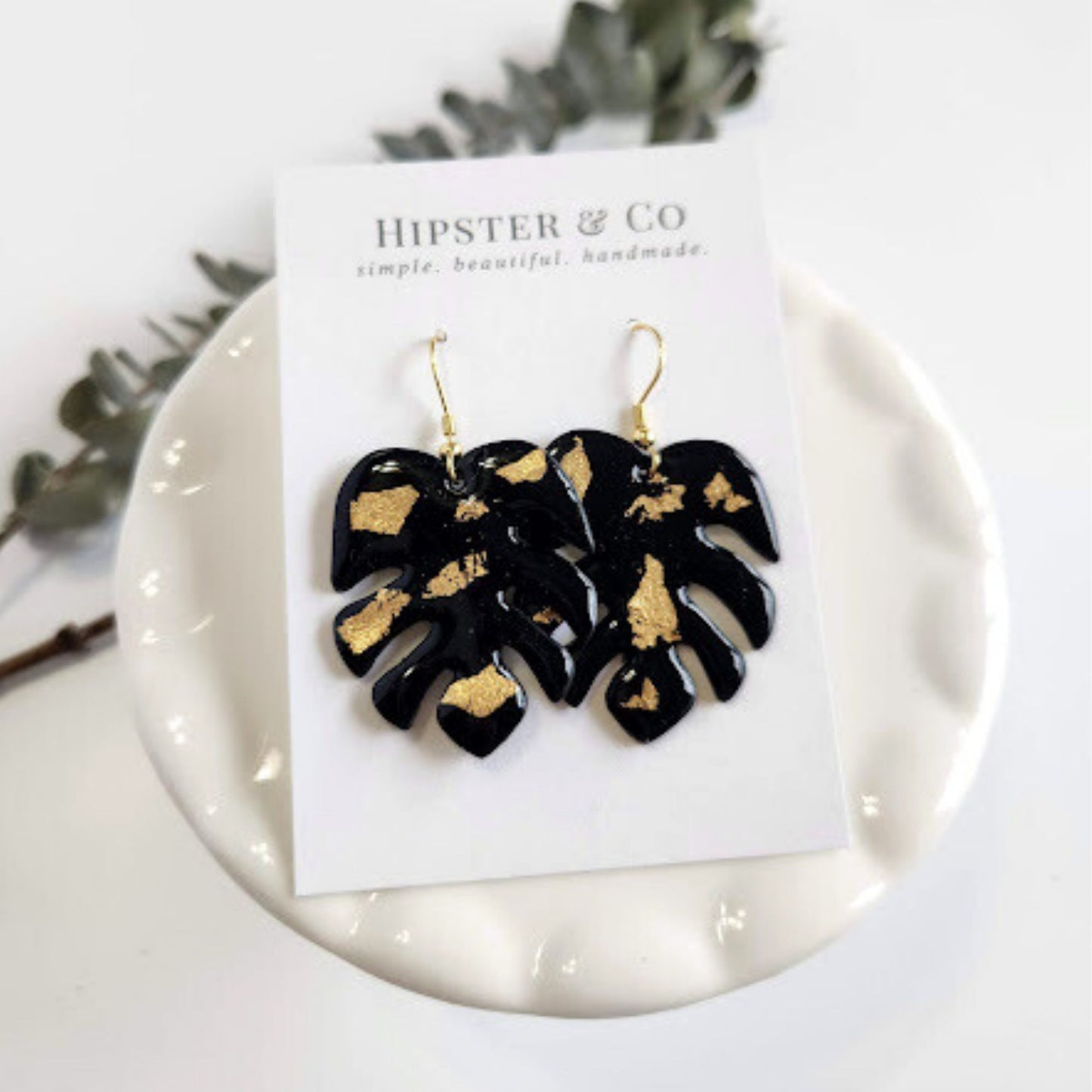 Black and Gold Monstera Leaf Earrings