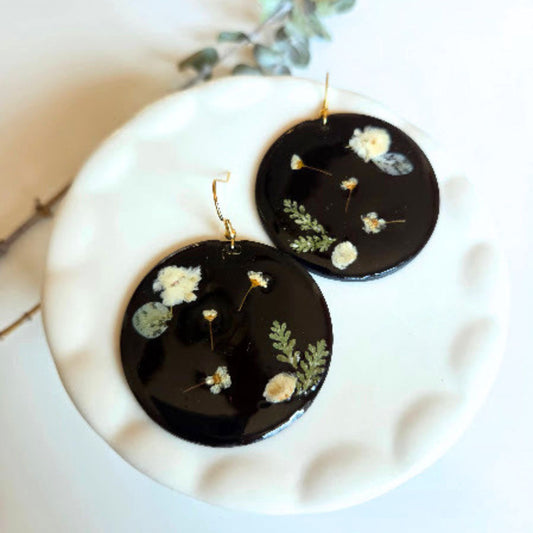 Black Round Floral Earring