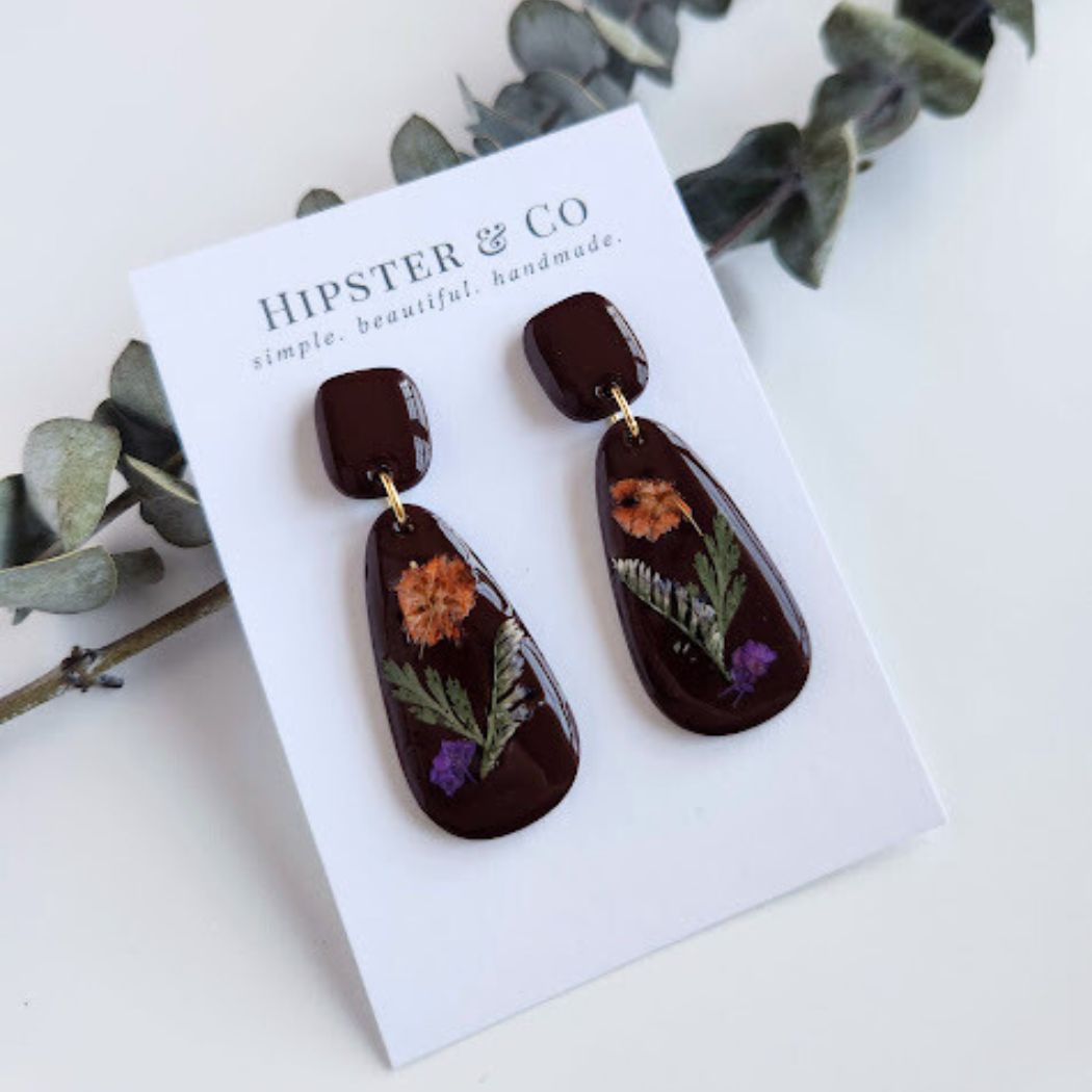Chocolate Brown Teardrop Floral Polymer Clay Earrings