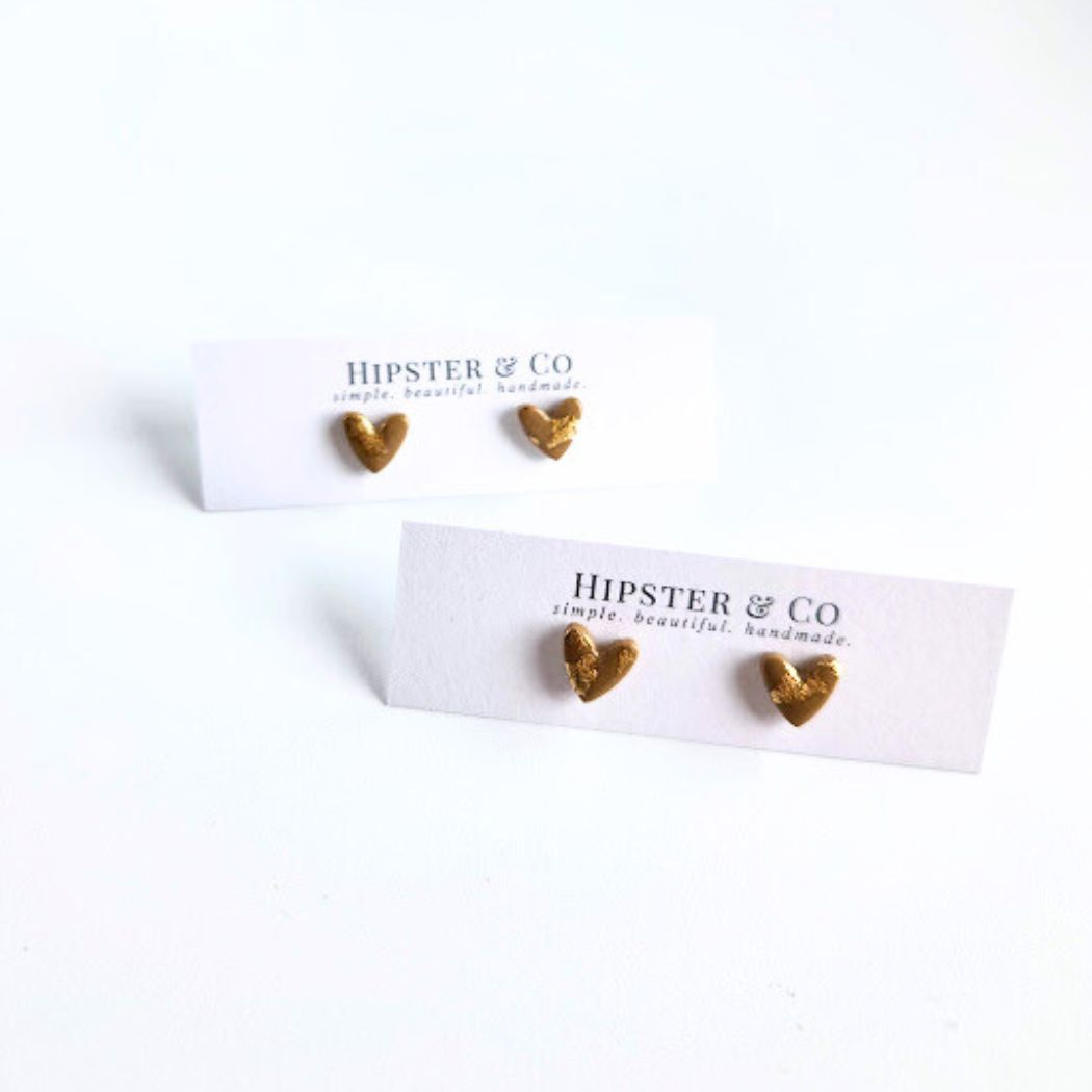 Brown and Gold Heart Stud Earrings