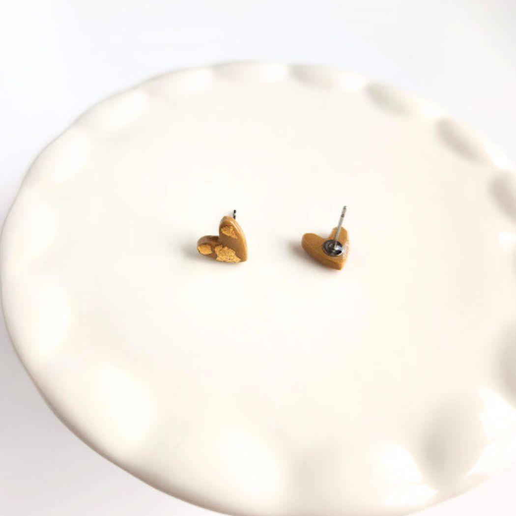 Brown and Gold Heart Stud Earrings