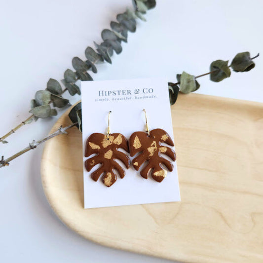 Brown and Gold Monstera Leaf Earrings