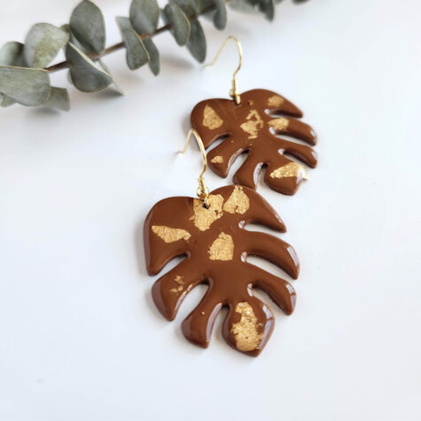 Brown and Gold Monstera Leaf Earrings