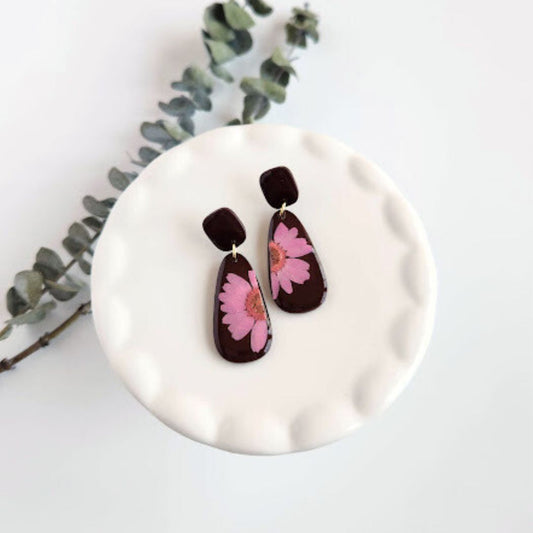 Chocolate Brown Teardrop Floral Polymer Clay Earrings