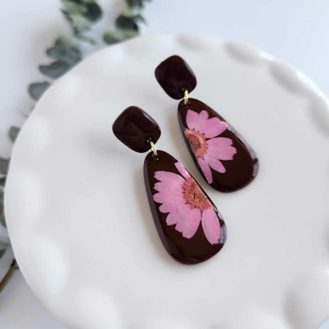 Chocolate Brown Teardrop Floral Polymer Clay Earrings