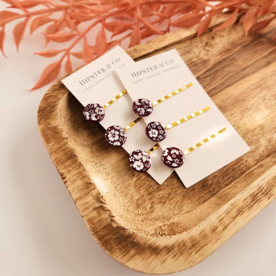 Burgundy and White Floral Hair Pin Set - Decorative Hair Accessory