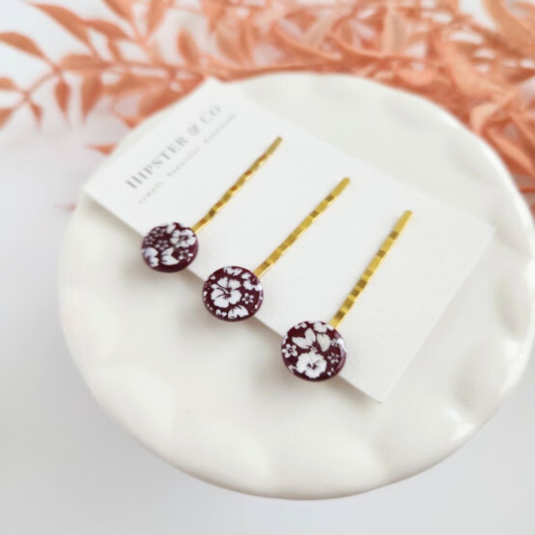 Burgundy and White Floral Hair Pin Set - Decorative Hair Accessory