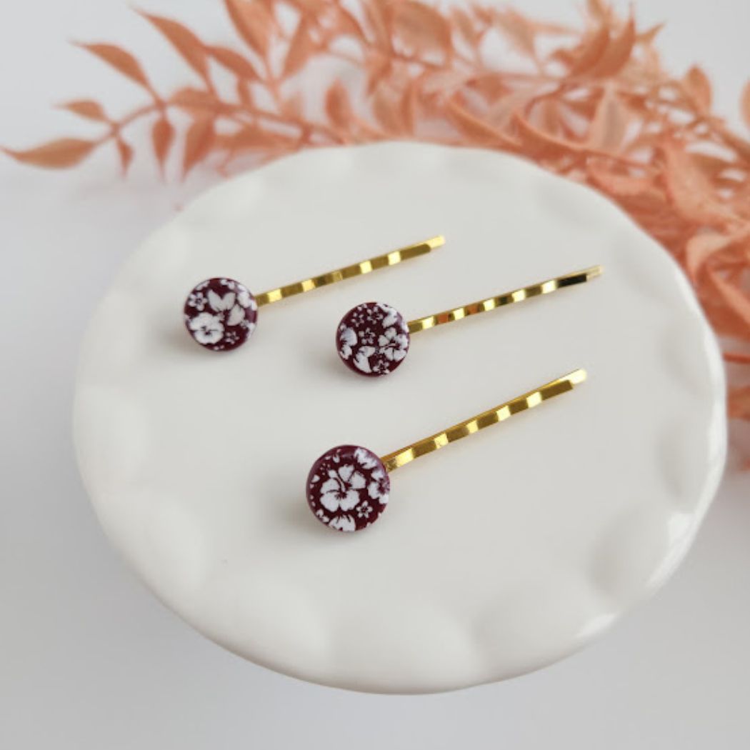 Burgundy and White Floral Hair Pin Set - Decorative Hair Accessory