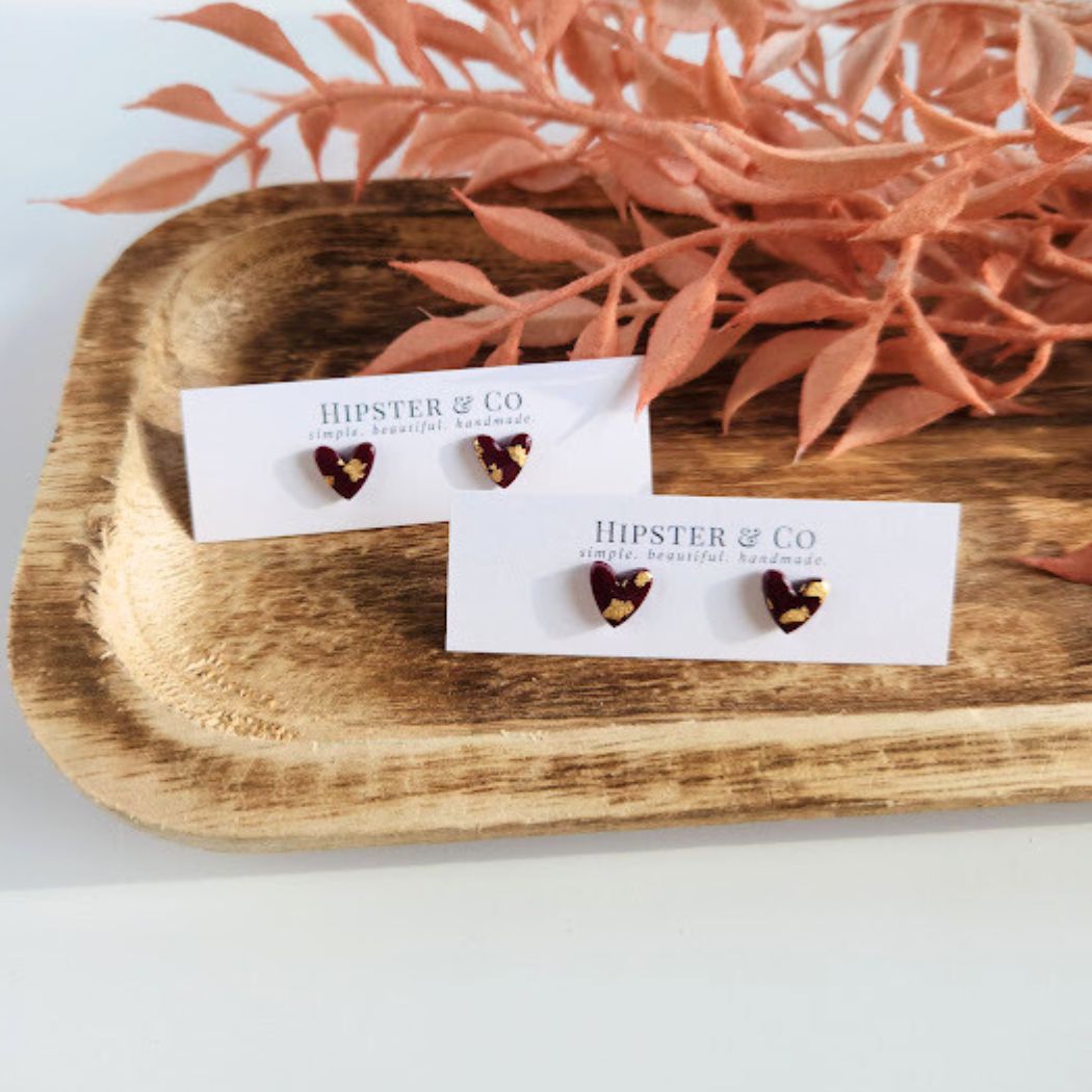 Burgundy and Gold Heart Stud Earrings