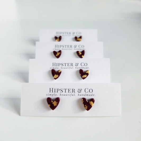 Burgundy and Gold Heart Stud Earrings