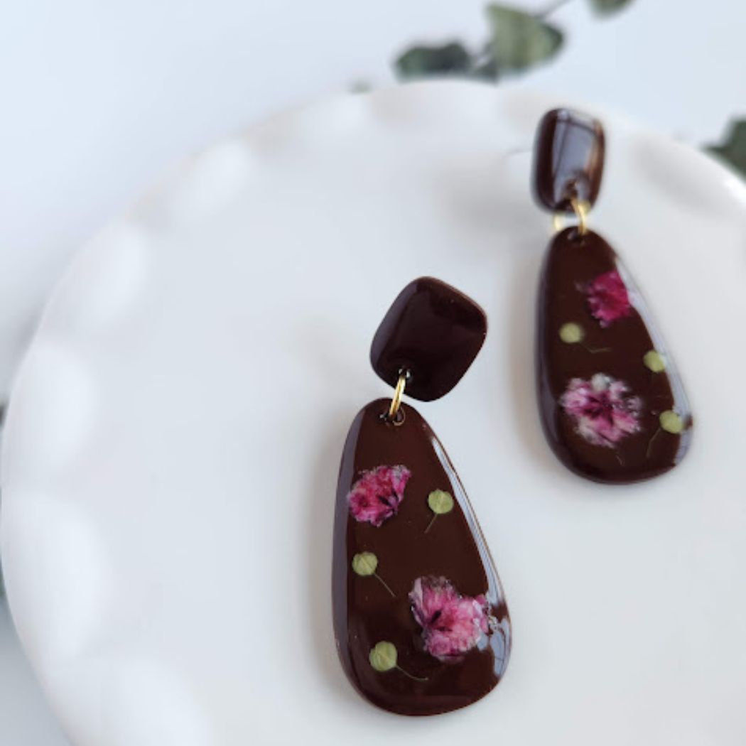 Chocolate Brown Teardrop Floral Polymer Clay Earrings