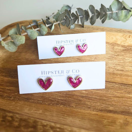 Pink Glitter Polymer Clay and Brass Heart Stud Earrings