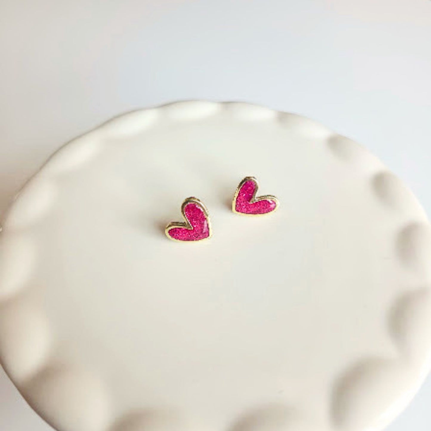 Pink Glitter Polymer Clay and Brass Heart Stud Earrings