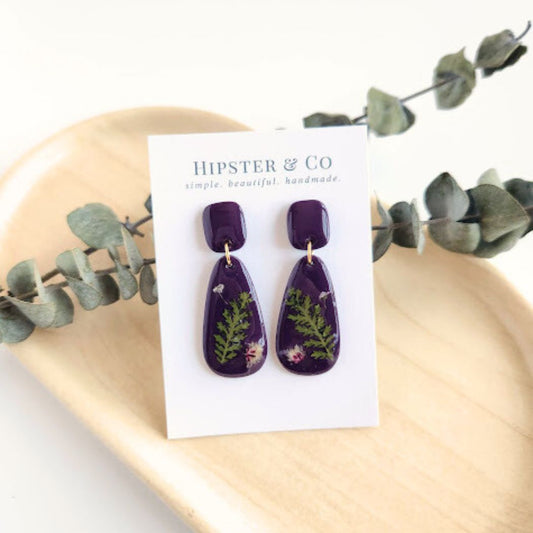 Eggplant Purple Teardrop Floral Polymer Clay Earrings