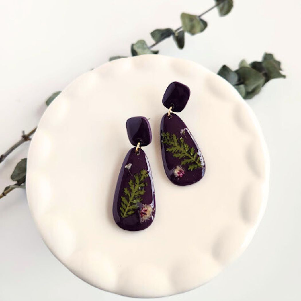Eggplant Purple Teardrop Floral Polymer Clay Earrings