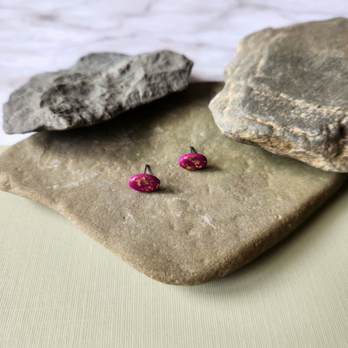 The Enza Fuchsia and Gold Oval Polymer Clay Stud Earrings